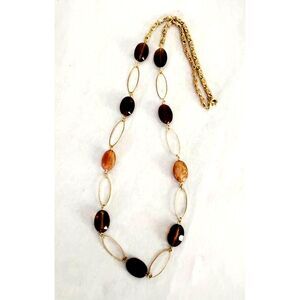 Y2K Vintage Clear Brown Oval Beaded Necklace, Gold Tone Metal, Boho Chic
